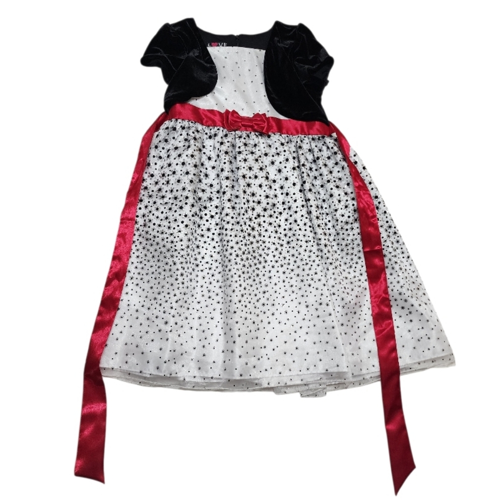 Love Sparkle 👗 Christmas Black & White & Silver Accents & Red Bow Dress Size 16